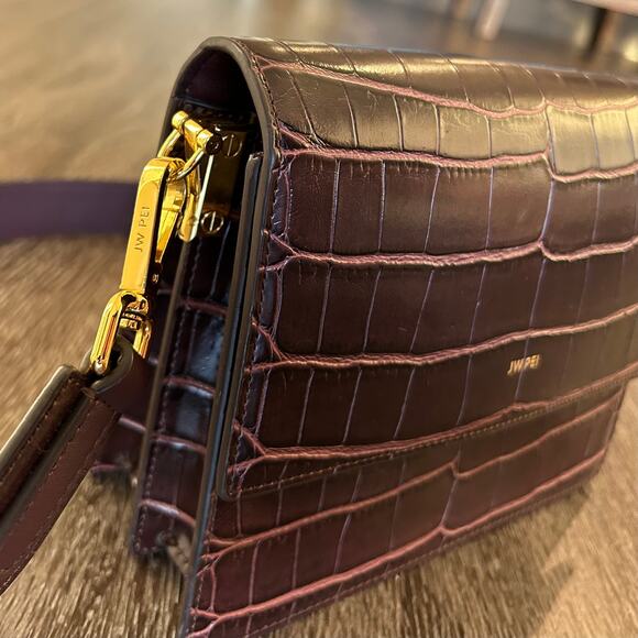 JW Pei Mini Flap Crossbody Burgundy Brown Croc Gold Hardware Vegan Leather Bag - Picture 3 of 16